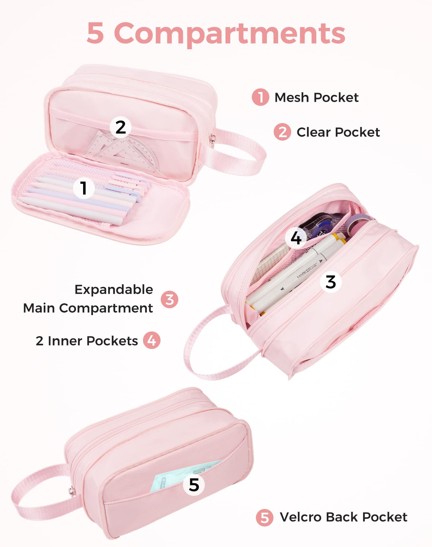 Fmeida Pencil Case Pouch Expandable - Extra Large Pencil Pouch Aesthetic Pencil Bag Office Stationery Organizer with Handle for Adult Men Women - Pink