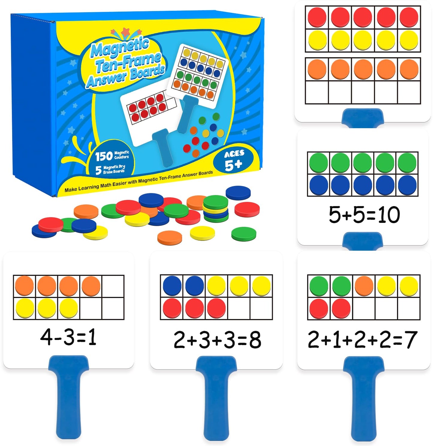 Quilinz Magnetic Ten Frame Set,5 Dry Erase Paddles & 150 Math Counters,Counting Toys for Kids,Addition and Subtraction Games,Math Manipulatives 1st Grade,Kindergarten Preschool Classroom Must Haves