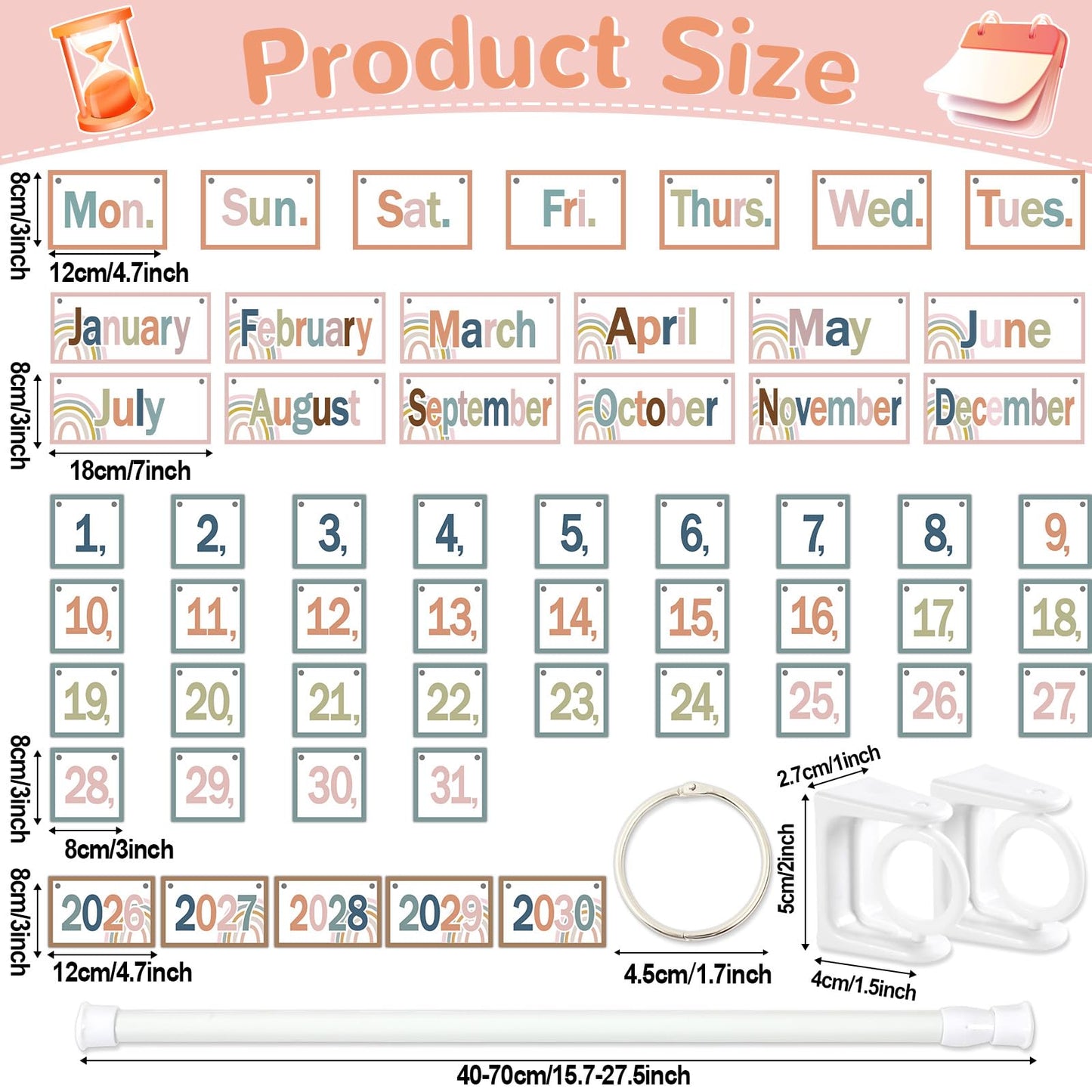 Boho Flip Calendar Bulletin Board Set Boho Rainbow Calendar for Classroom Whiteboard Decor with 2026 to 2030 Years Date Cards and Adjustable Rod for Home Elementary Back to School Teacher Supplies
