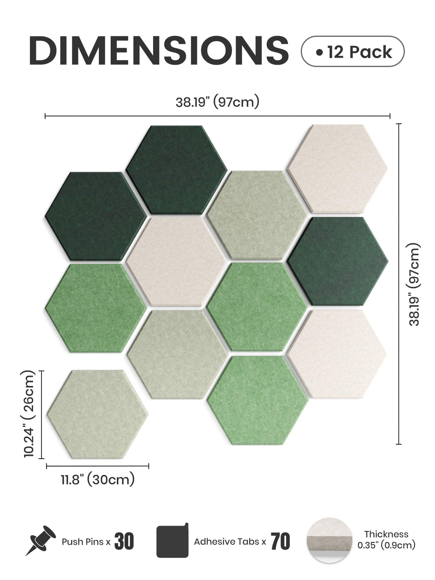 Fluxynara Hexagon Cork Board Alternative for Walls Decor-12-Pack Felt Bulletin Board Tiles,with 30 Pushpins,70 Adhesive Tabs for Office,Classrooms & Home Pin Board Felt Board-Sagewood