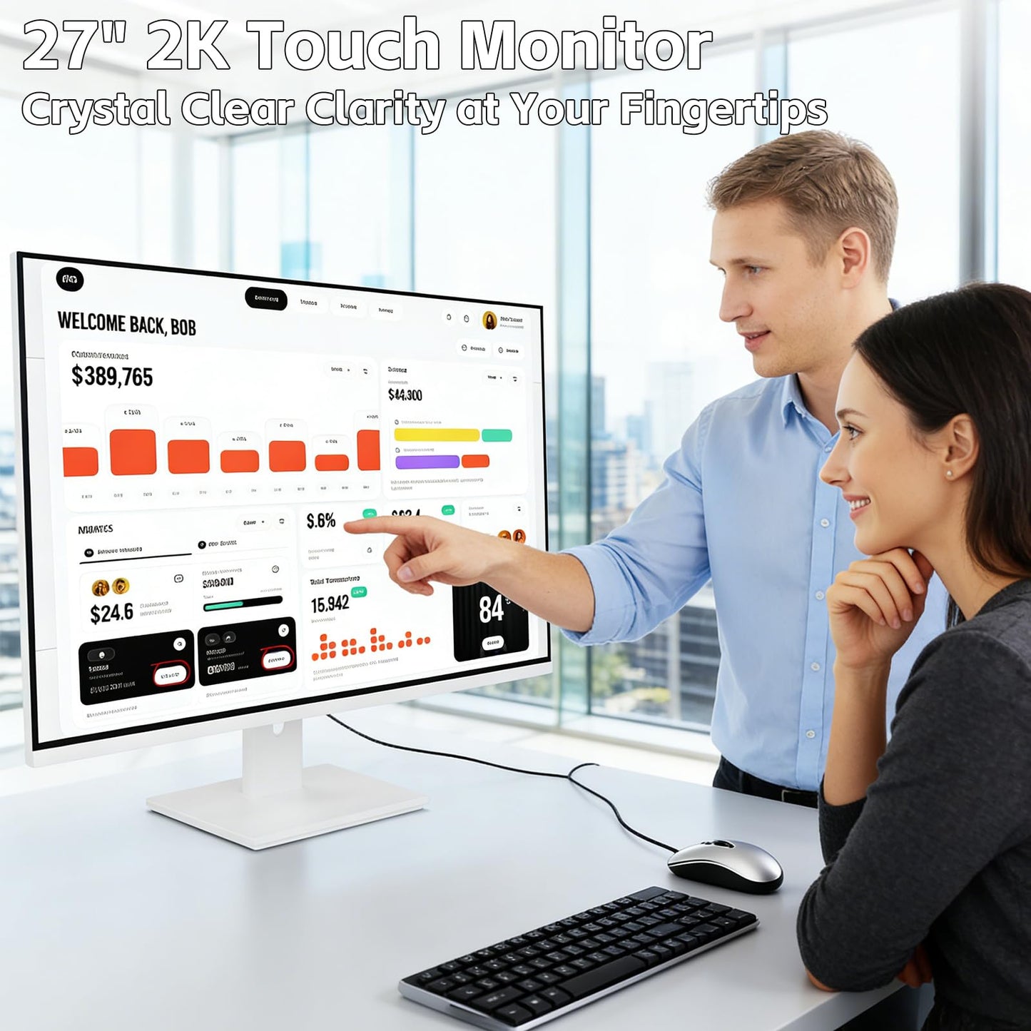 Pisichen Touchscreen Monitor 2K 27 Inch IPS Gaming 100Hz, 10-Point Touch QHD 2560x1440 PC Display, HDMI VGA USBC Computer Monitor, Built-in Speakers, White