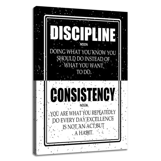 PSYYSP Discipline Consistency Framed Canvas Wall Art, Black and White Motivational Definition Poster, Inspirational Habit Typography Print for Home Office, Bedroom, Dorm, Study Room Decor, 18x12 Inch