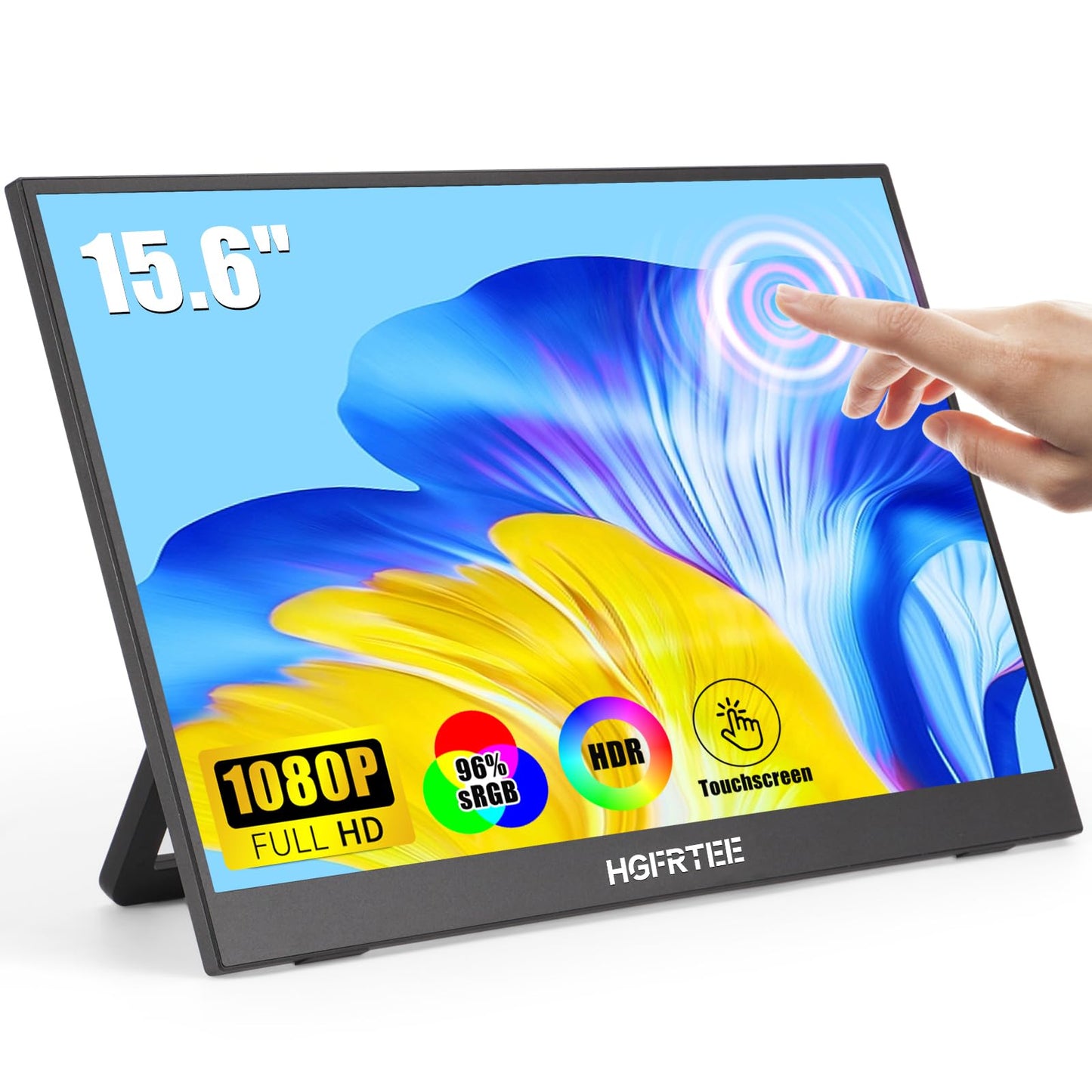 HGFRTEE Portable Monitor Touchscreen 15.6", 1920x1080 60Hz FHD IPS HDR 10-Point Touch Screen Monitor with Built-in Stand & Speaker, HDMI USB C VESA External Travel Monitors for Laptop, PC, Mac, Phone