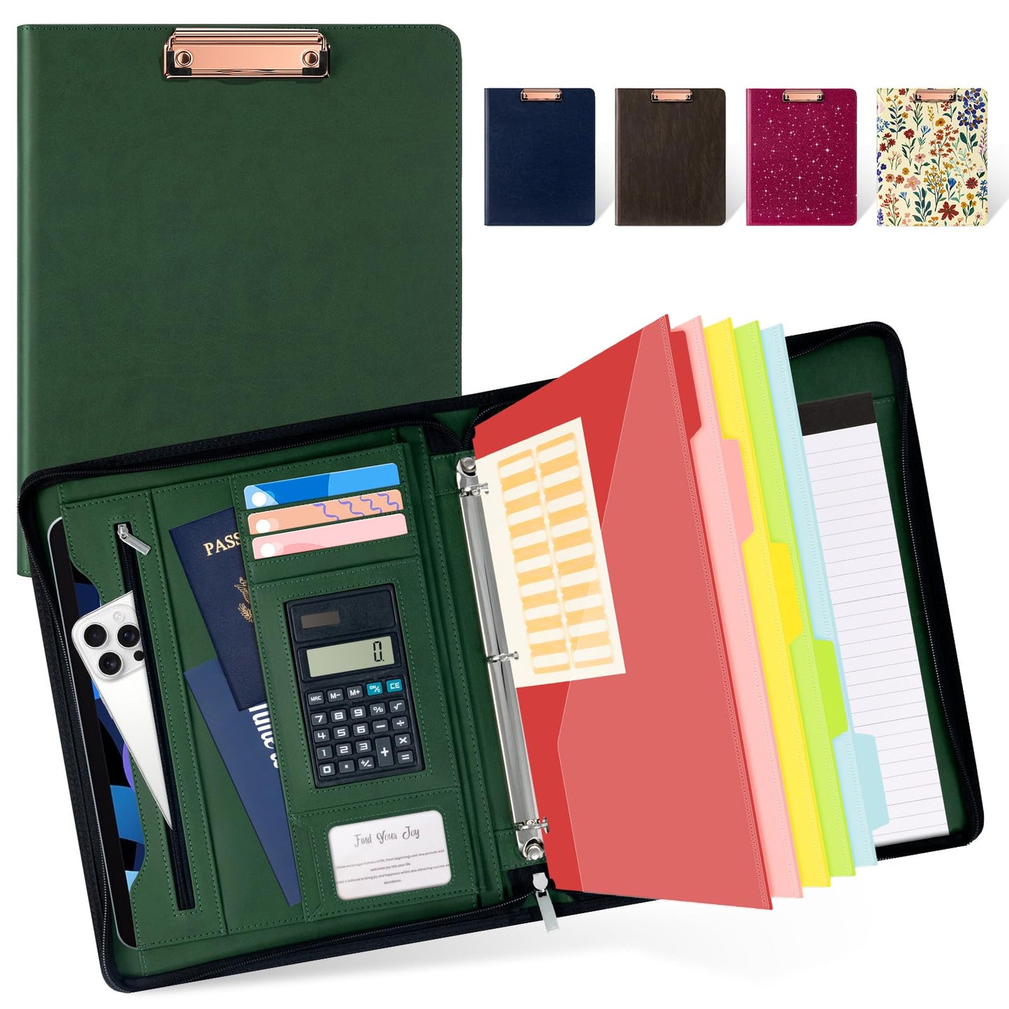 Ospelelf Green Clipboard with Storage 3 Binder Leather Portfolio Folder with Zipper, 12.1” Tablet Sleeve, 5 Dividers with Pocket, Refillable Notepad, Card Slot