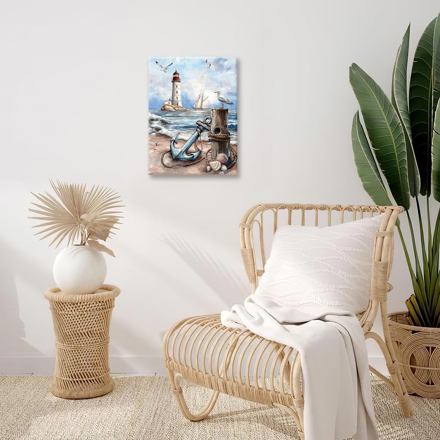 Nautical Wall Art Beach Lighthouse Anchor Pictures Wall Decor Coastal Canvas Prints Framed Paintings Artwork For Bathroom Kitchen Bedroom Dinning Room Living Room Office 12"x16"