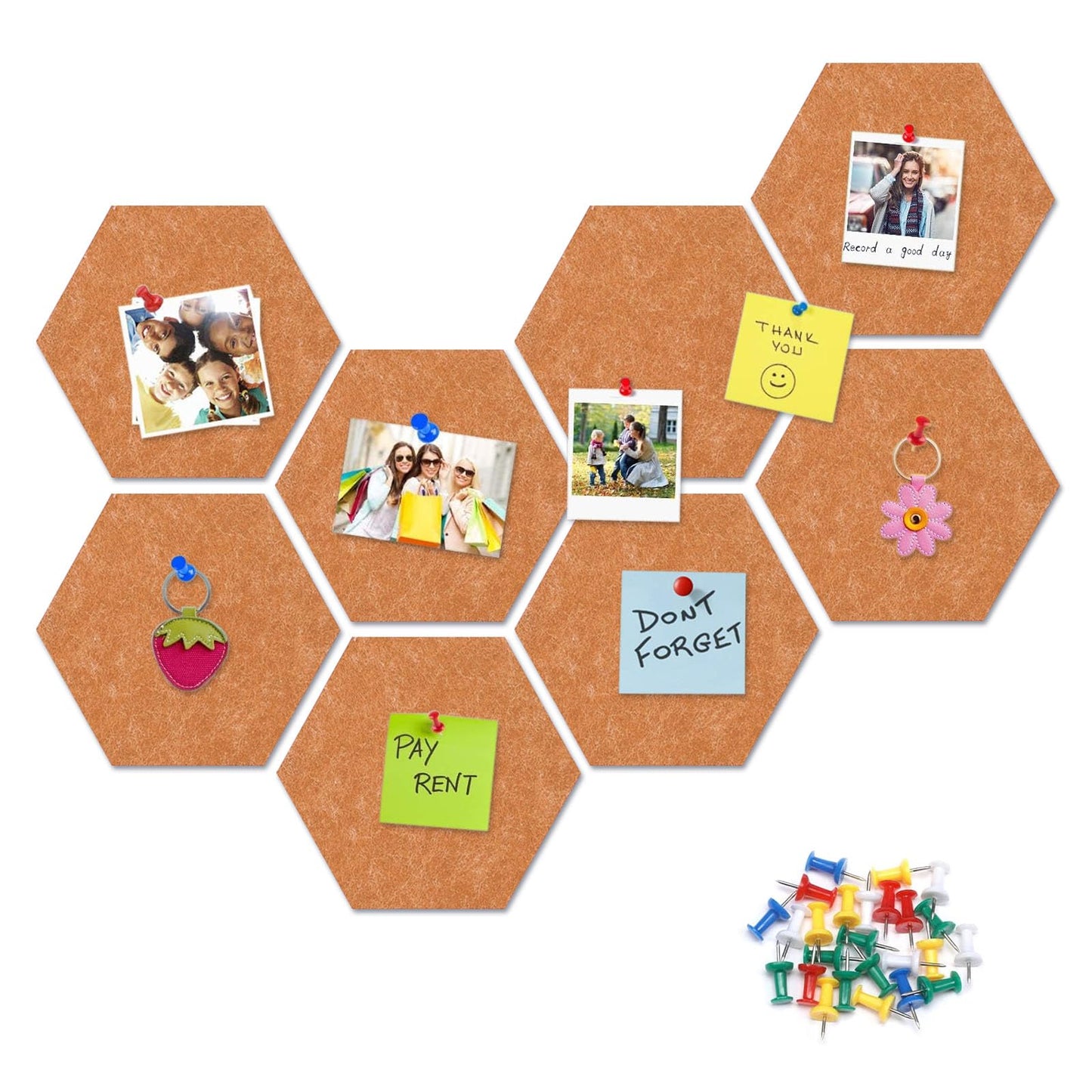 8 Packs Bronze Hexagon Felt Pin Board, 12" Bulletin Board with 30 Push Pins, Felt Board for Home Kitchen Office Decor, Self-Adhesive Corkboard Tiles for Walls Message Photos Memos Display