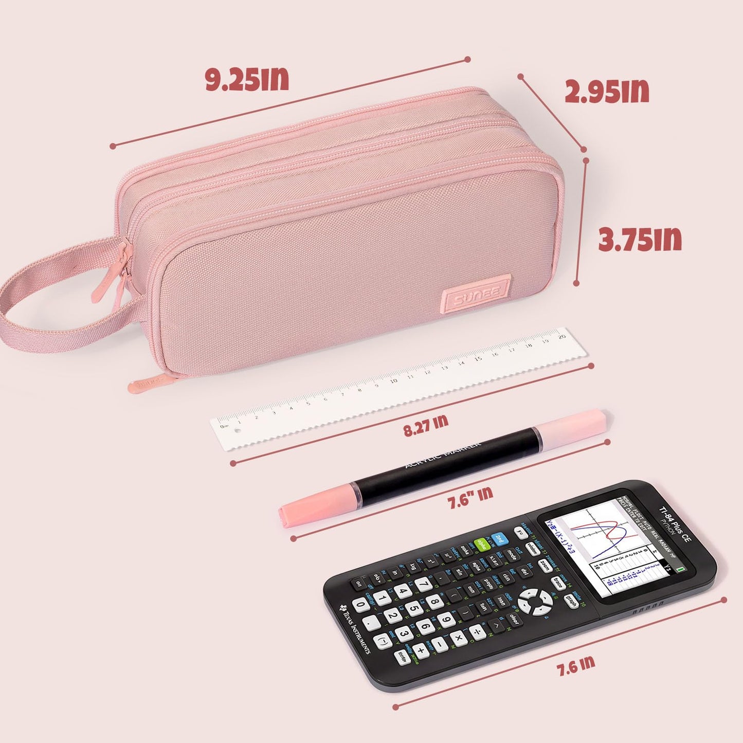 SUNEE Large Capacity Pencil Case with 3 Compartment, Extra Big Pencil Pouch, Pencil Bag with Zipper, Cute High Stationery Organizer, Oxford Pen Box School Supplies for Student Teen Girls Boys, Pink