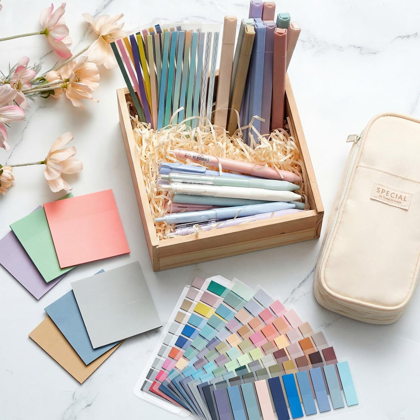Trandraft 135 Pcs Book Annotation Kit with Pencil Case, 12 Pastel Highlighters, 11 Gel Pens, Fine Marker, 300 Transparent Sticky Notes, 2640 Index Tabs, Bible Study Supplies Kit(Classic,Beige)