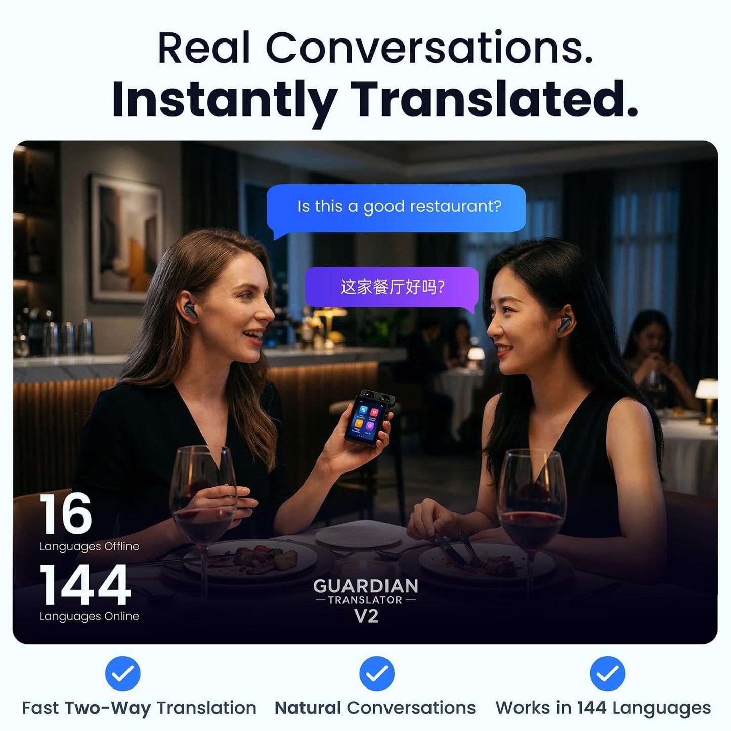 Guardian Translator V2 — AI Translator Device with Earbuds | Real-Time Two-Way Voice & Camera Translation | 144 Languages | Built-in ChatGPT | No Subscription | Travel, Business, Education
