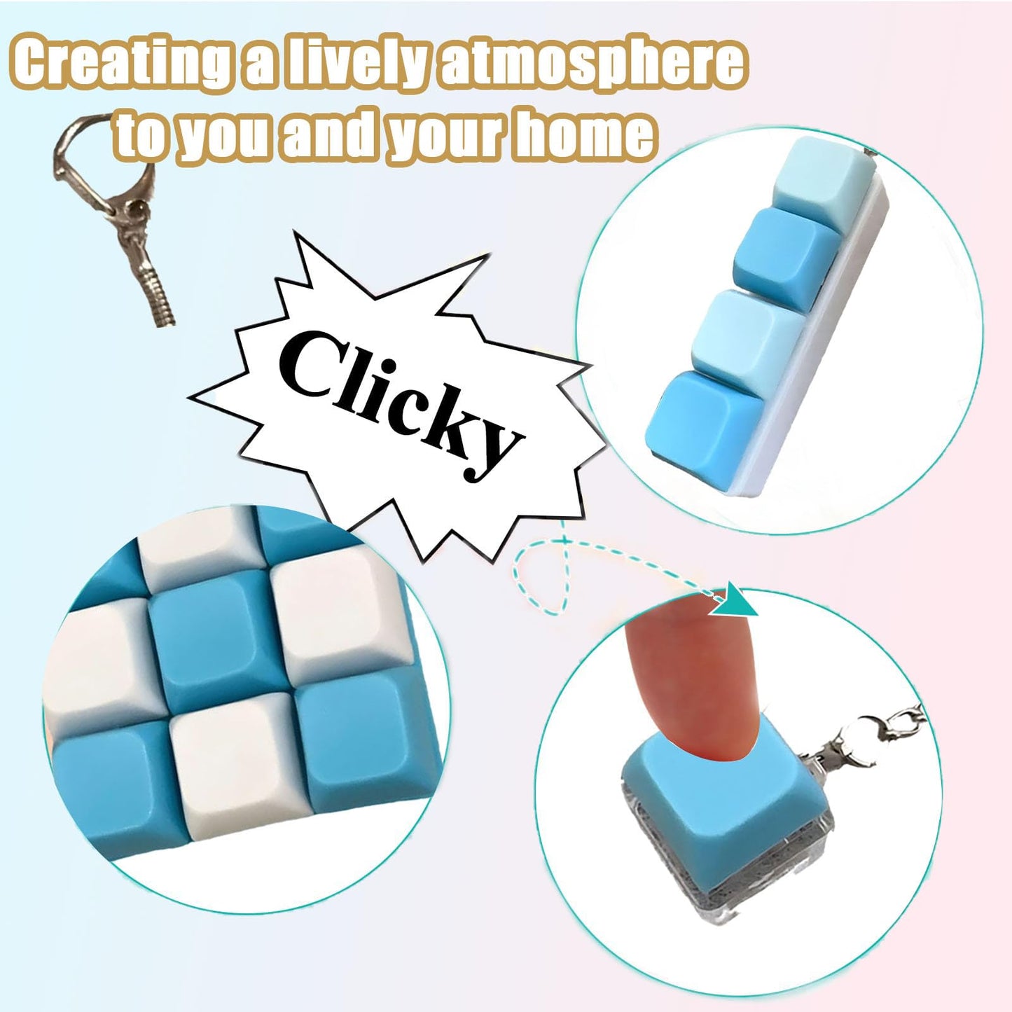 3 Pcs Keyboard Fidget Clicker Stress Relief Toys Keychain– Button Press Fidget Set for Stress Relief & Relaxation (9 Keys + 4keys + 1key Blue White)