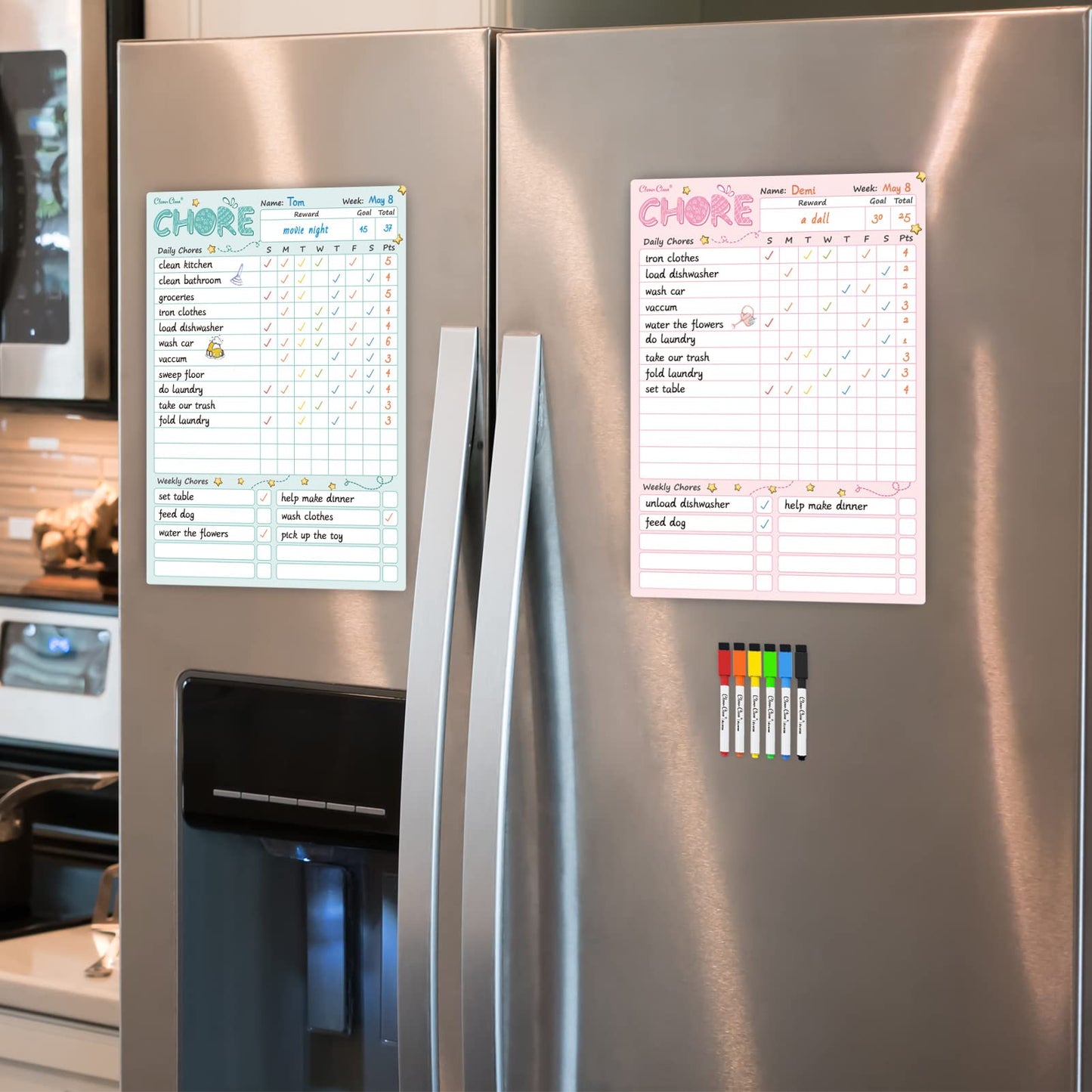 Magnetic Dry Erase Chore Chart - 8.5"x12" Behavior Responsibility Chore Board for Kids, Teenagers - 6 Extra Fine Point Markers Included - Shipped Flat 2 Pcs Blue & Pink