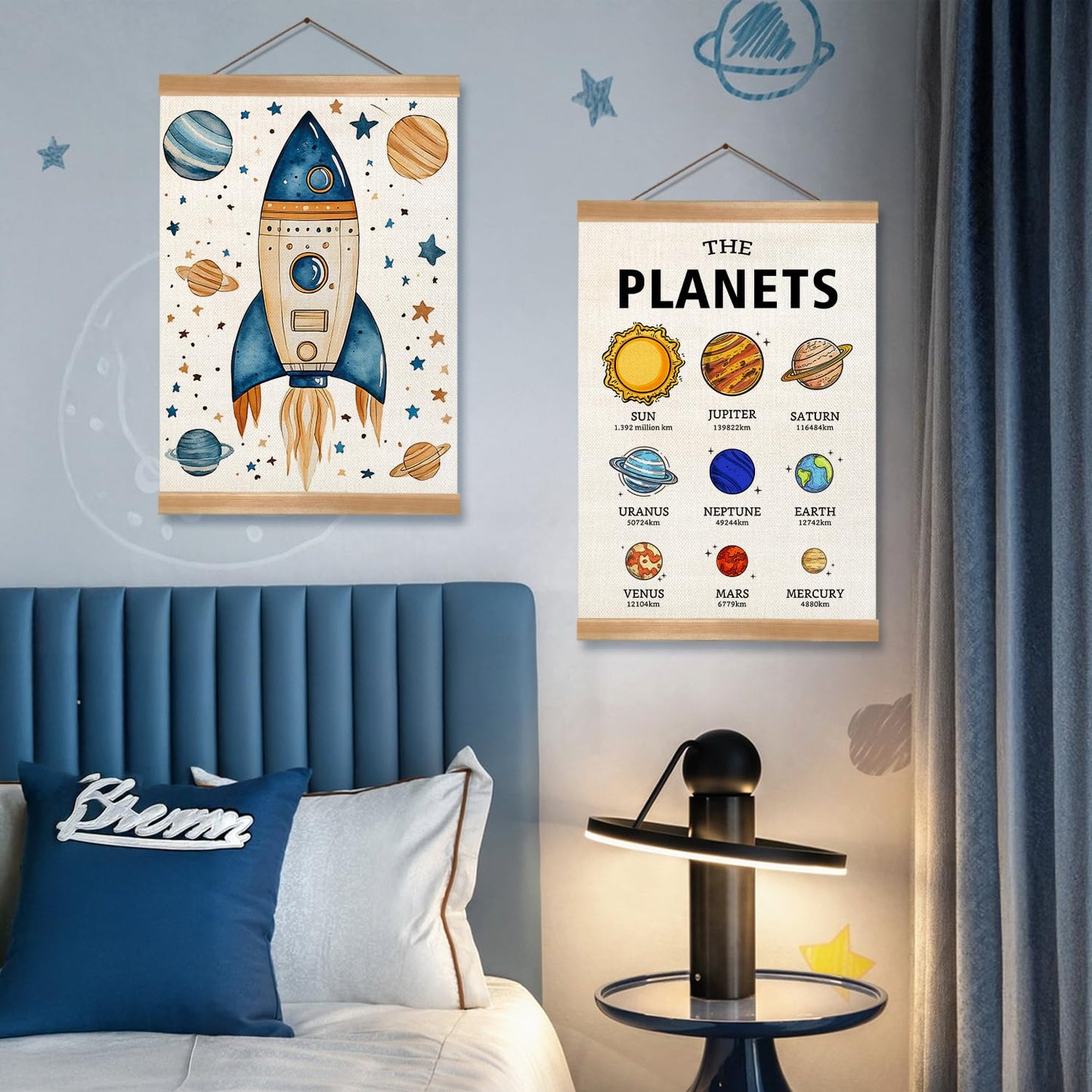 Solar System Poster Wall Art Set of 2, The Planets Wall Decor Wood Hanger, Space Classroom Decor, Outer Space Planets Poster for Boys and Girls Nursery, Bedroom, Playroom, Toddler and Kids Room Decoration12x16Inch(Solar system)