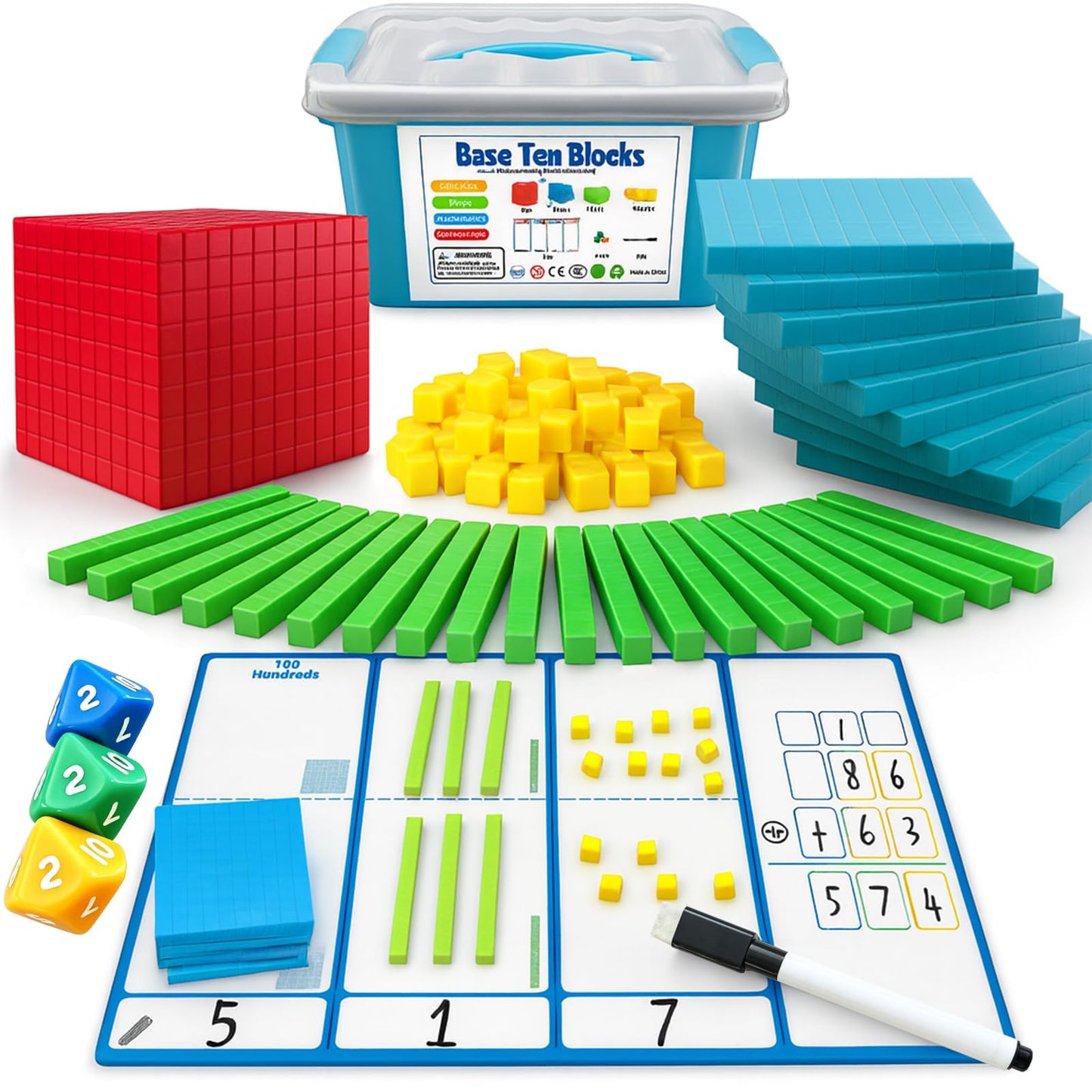 JUGGPENG Base Ten Blocks for Math, Place Value Blocks, Base 10 Math Manipulatives for Kids, Plastic Math Cubes, Number Blocks, Math Counting Cubes for Kindergarten 1st-3rd Grade, 137 Pcs