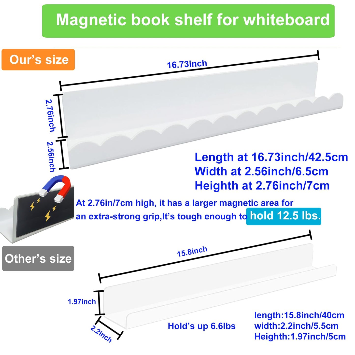 luniteling 2 Pack Magnetic Book Shelf for whiteboard,12.5LBS Holder Acrylic Scalloped Floating Shelves,16.73"x2.56"x2.76 Magnetic Floating Shelf for Classroom, Home & Office & Refrigerator Use(White)