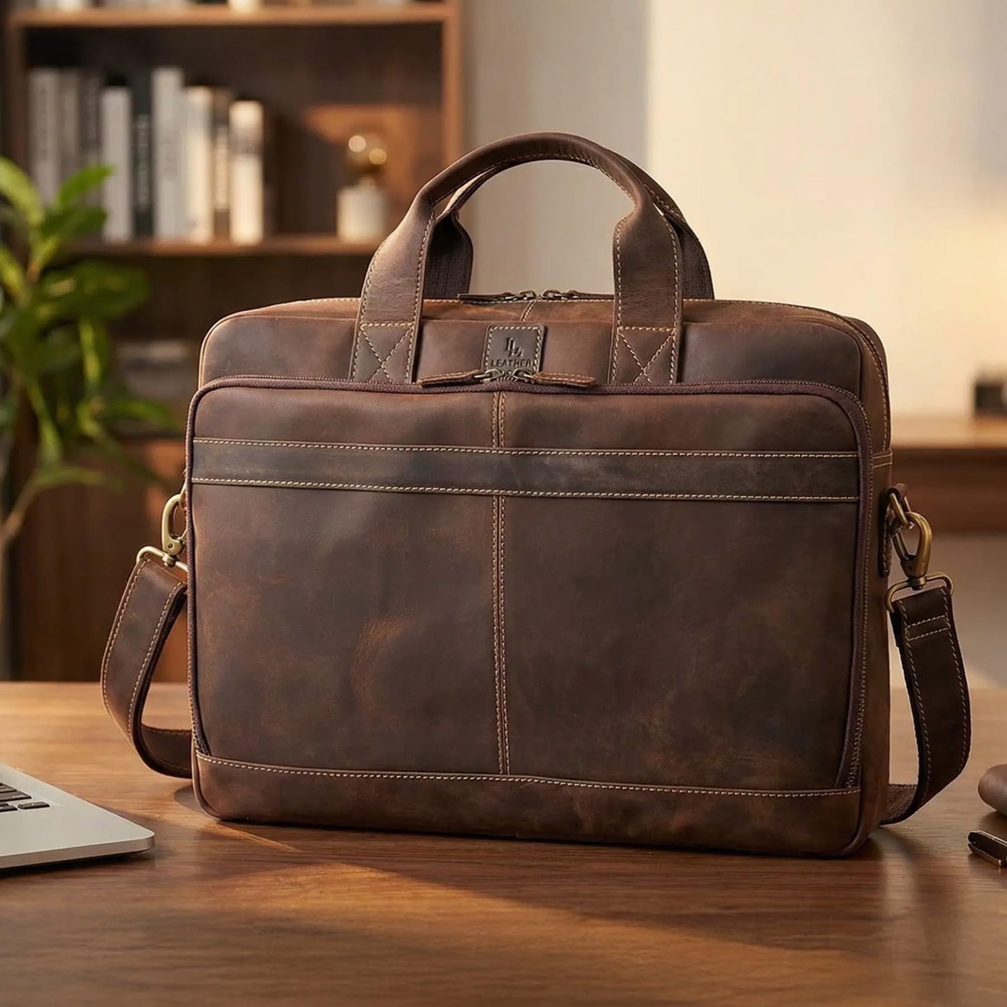 Mens Full Grain Leather Briefcase Fits 16 Inch Laptop, Leather Laptop Messenger Shoulder Satchel, Vintage Professional Work Office Bag - Brown