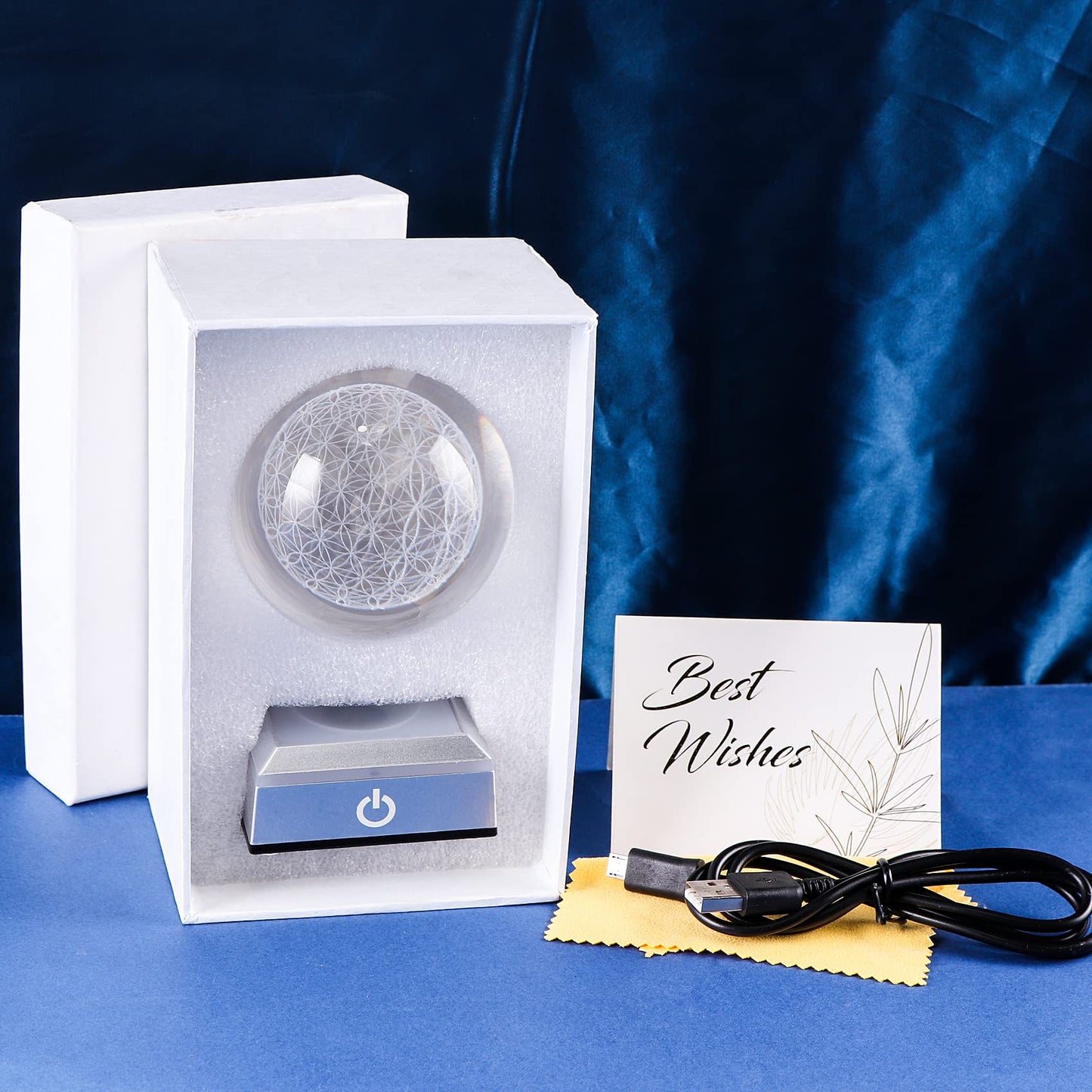 Qianwei Flower of Life Crystal Sphere with Led Colorful Lighting Touch Base, Sacred Geometry Crystal Ball Starlight Magic, Feng Shui Decor Laser Engraved Seek of Flower Inside A Sphere