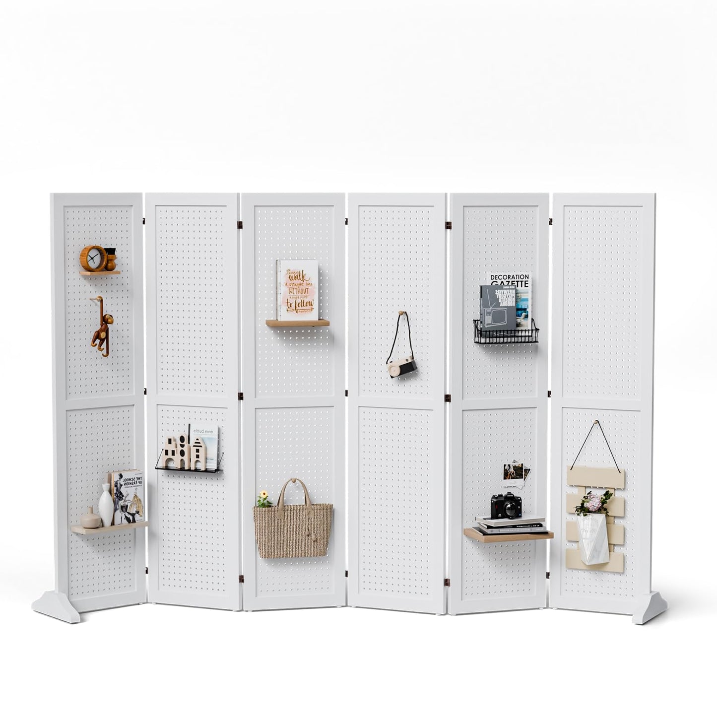 Bonnlo 4/6 Panel Pegboard Freestanding, 5 FT Portable Display Board Organizer for Craft Show Jewelry, Wooden Folding Privacy Screen Room Divider (White, 6 Panel with Base)