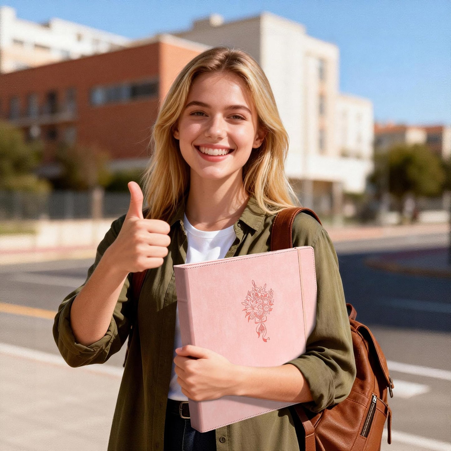 Ospelelf Leather 3 Ring Binder for Letter Size Documents with PVC Pocketed Dividers, Storage Bag & Notepad, 1 Inch Round Rings, Holds 175 Sheets, for Office School Home Organization, Flower Pink