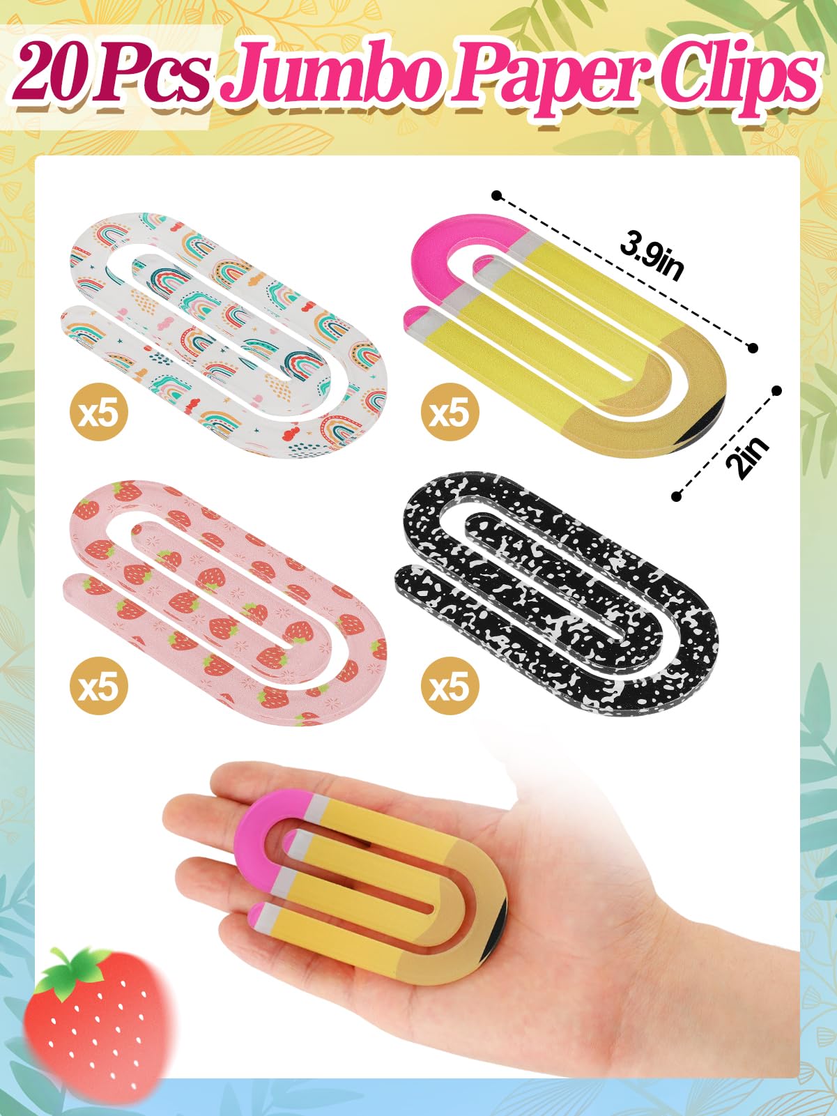 PAMASE 3.9in Cute Jumbo Paper Clips Back to School Teacher Gifts - 20Pcs Acrylic Large Paperclips First Day of School Supplies for Teachers Office Classroom Paperwork Bookmark