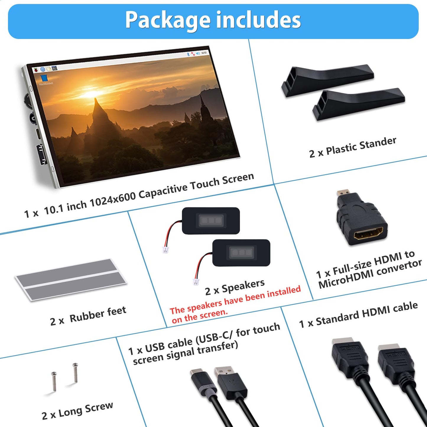 GeeekPi 10.1 Inch Capacitive Touchscreen Display, 1024x600 IPS LCD with Dual-Speaker, HDMI Portable Monitor for Raspberry Pi 5/4B/3B+/3B/B+/Zero/400, Win11/10/8/7, Free-Driver