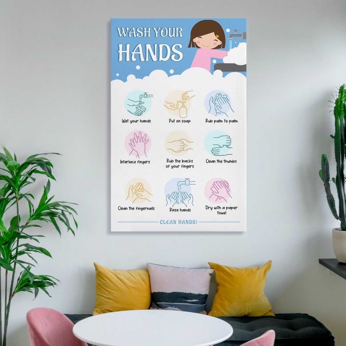 LINWDSB Handwashing Poster – Wash Your Hands Sign for Kids Preschool, Daycare, School Nurse & Classroom Bathroom Posters style 12x18inch(30x45cm)