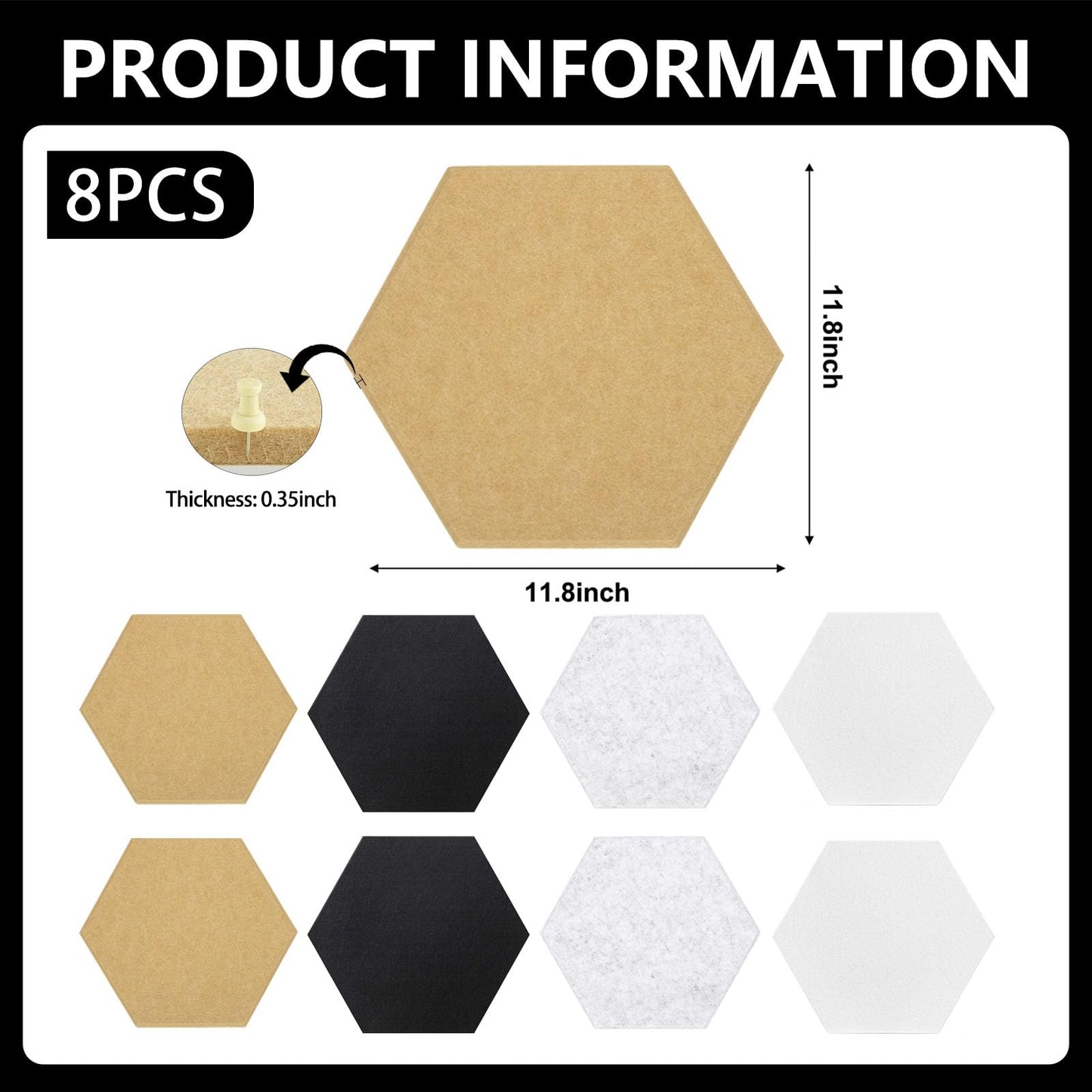 8 Packs Hexagon Felt Pin Board, 12" Bulletin Board with 30 Push Pins, Felt Board for Home Kitchen Office, Self-Adhesive Corkboard Tiles for Walls Message Photos Memos Display (Black White Grey Camel)