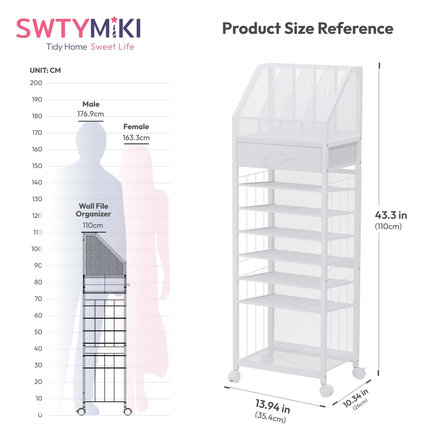 SWTYMIKI 9-Tier Rolling File Cart - Paper Organizer with Drawer and Trays, Wood Desk Office Organizer, Office Organization and Binder Storage for Workspace, Home, School, White