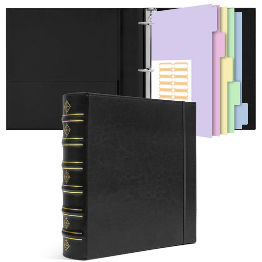Ospelelf Vintage Leather 3 Ring Binder 2 Inch, D Ring Binder with Pockets and 5 Tab Dividers, Hardback Book Style Document Organizer Fits Letter Size for Home and Office Black