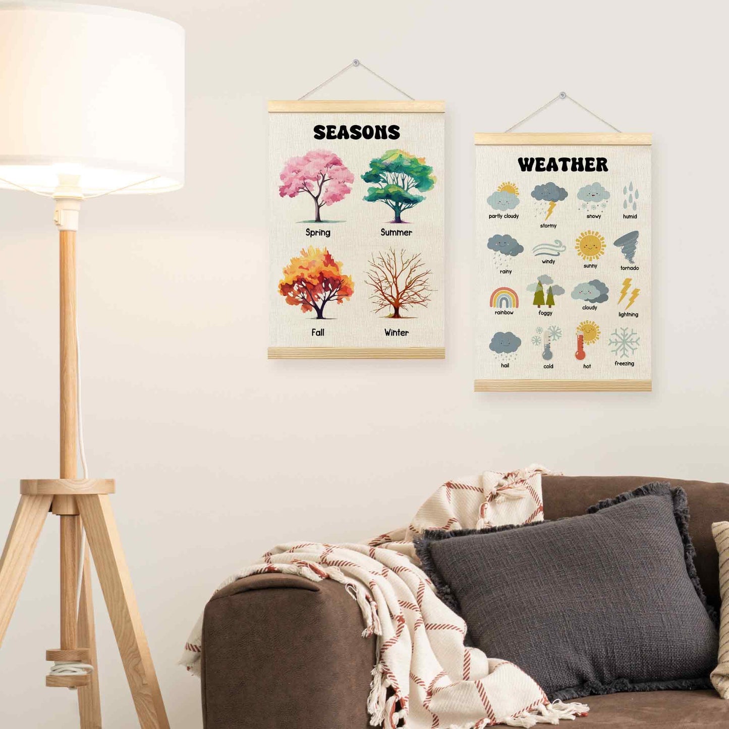 TLESKE 4 Seasons Weather Chart Poster Hanger Frame for Toddler Kid Classroom Set of 2, Homeschool Hanging Wall Art Decor for Nursery Playroom, Preschool Prek Learning Educational Poster, 12x16