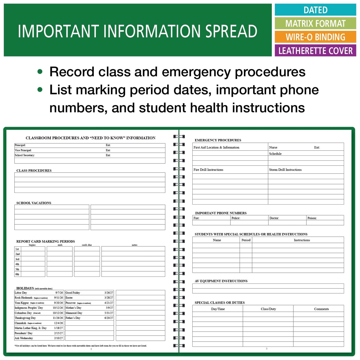 Elan Publishing Company Dated Teacher Lesson Plan 7 Period: Days Horizontally Across The Top Dated for 2026-2027 Academic Year (Green)