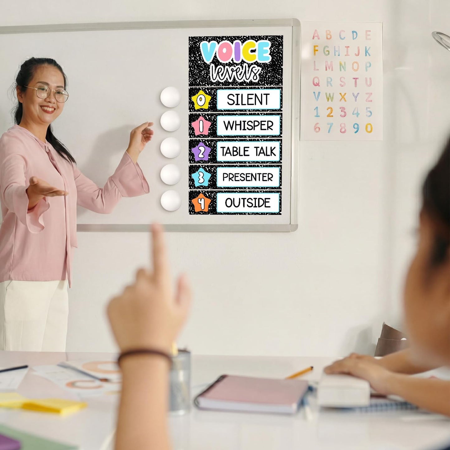 Glooglitter 5 Pcs School Magnetic Voice Level Chart Poster and Push Light Composition Notebook Classroom Decor LED Tap Light Chart Noise Voice Level Sign for Classroom Teacher Back to School Supplies