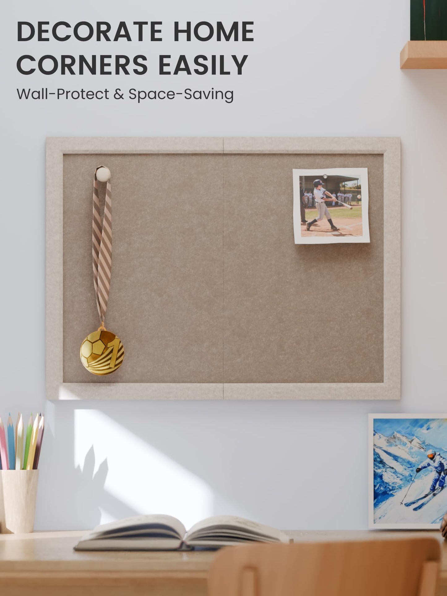 Fluxynara Bulletin Board with Oatmeal Frame, 23.6" x 17.5" Cork Board Alternative with 12 Safe Removable Adhesive Tabs, Foldable Felt Pin Board for Home Office, Classroom—Deep Camel