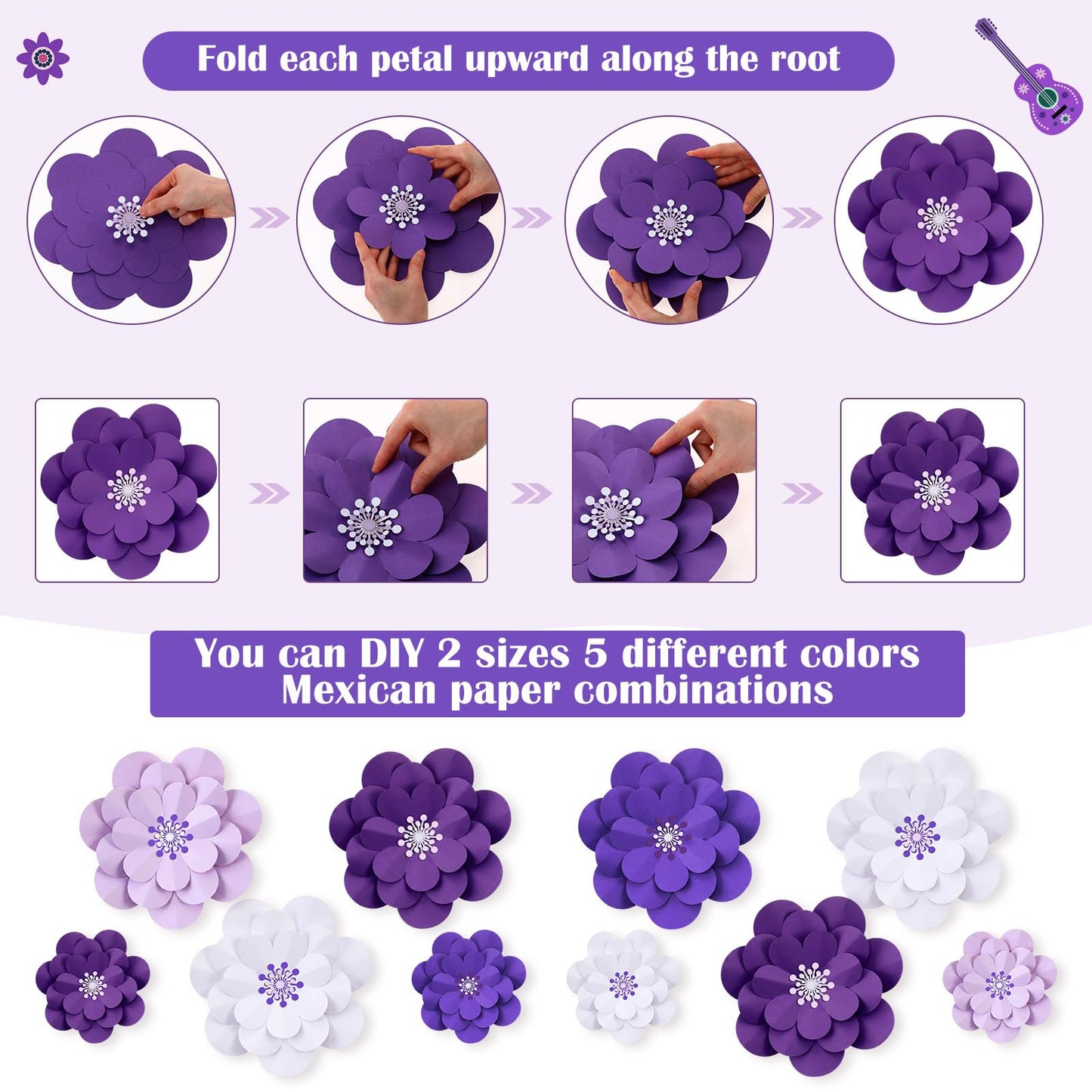 Mooliwe Paper Flowers Decorations for Wall DIY 3D Paper Bulletin Board Mexican Flowers Backdrop Decoration for Classroom Back to School Holiday Party(Purple,12 Set)