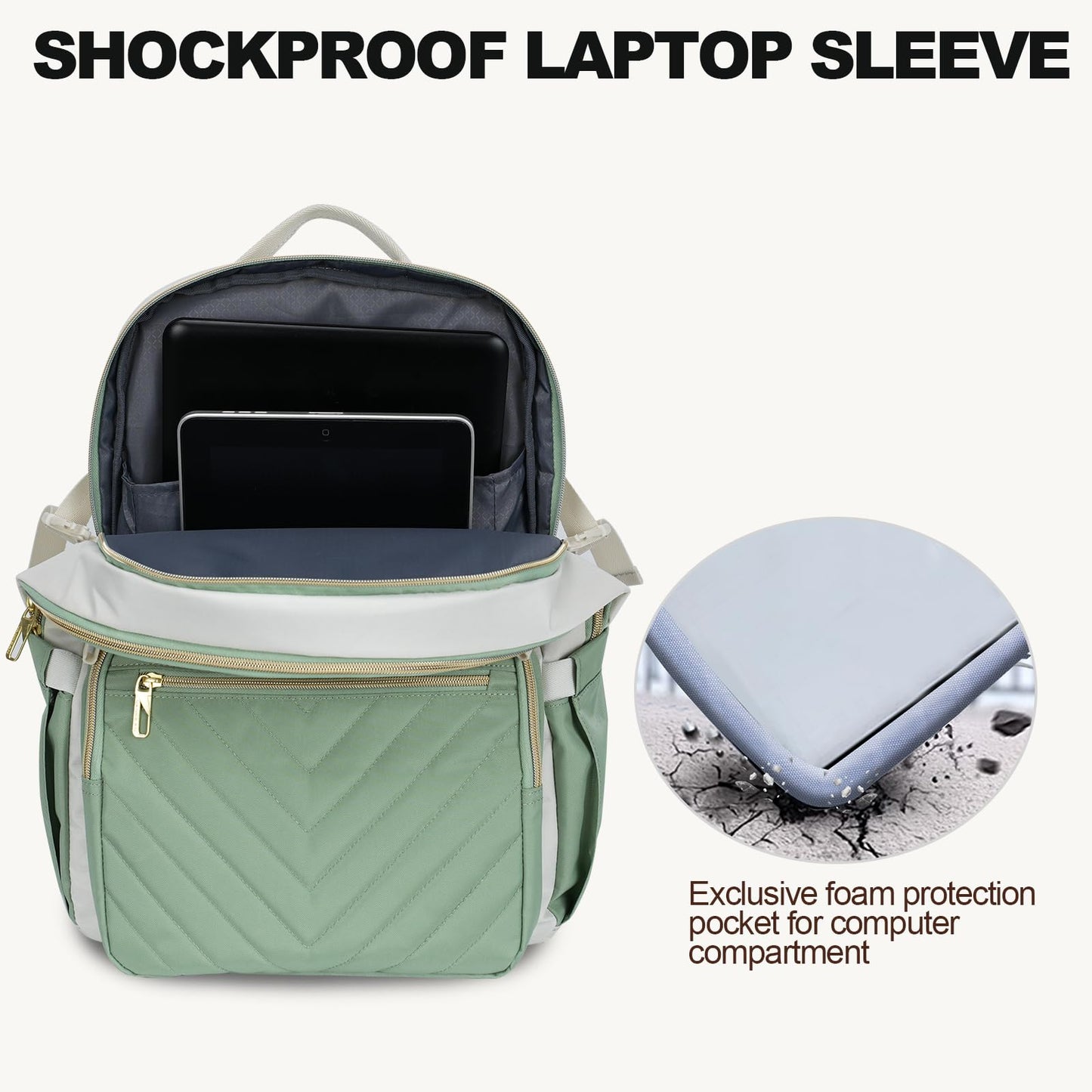 VANKEAN Laptop Backpack for Women with Pouch Pocket for Large Capacity Tumbler, 15.6 Inch Laptop Computer Bag Travel Backpack Purse,Waterproof Work Business College Teacher Bags, Beige-Light Green