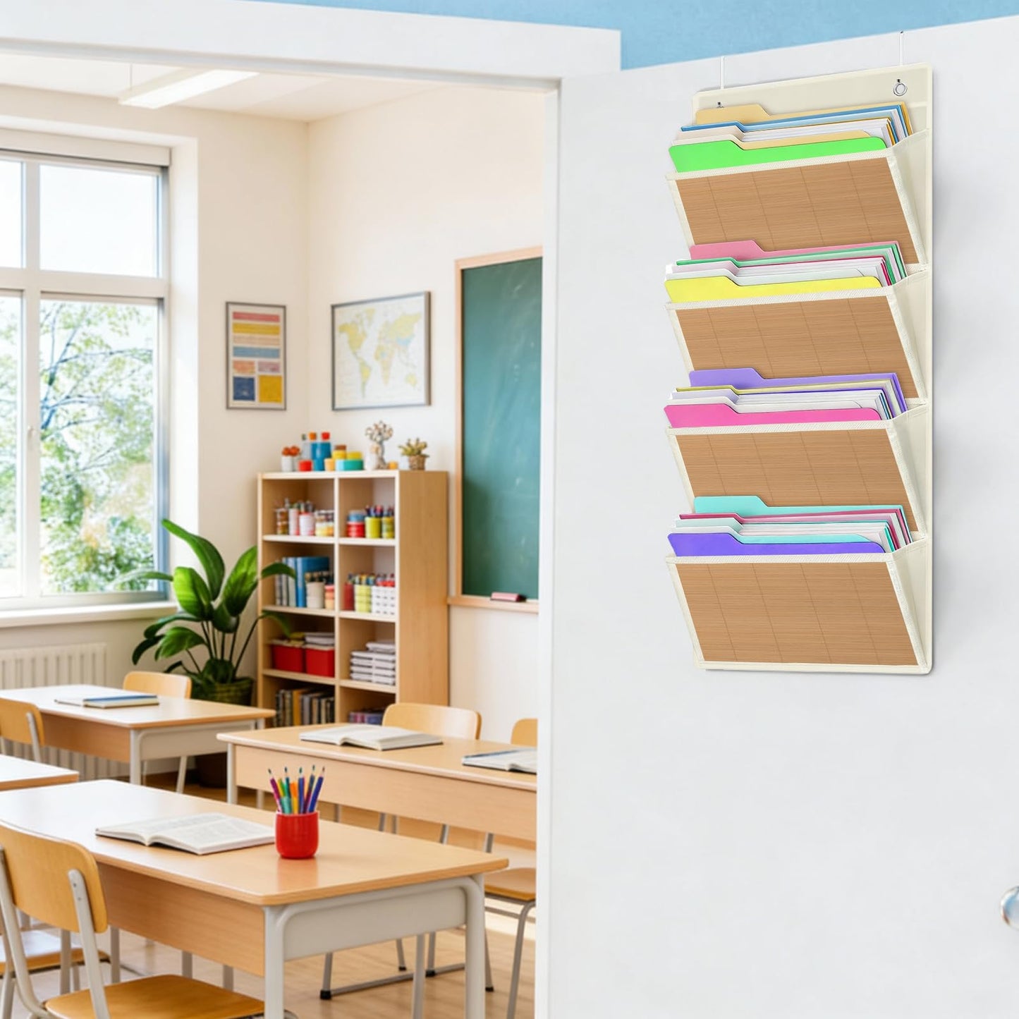 homyfort hanging wall file organizer, Over the door file folder organizer with 4 Large Bamboo Pockets, Suitable for Home, Office, Back to School Supplies Storage and Organization (Beige)