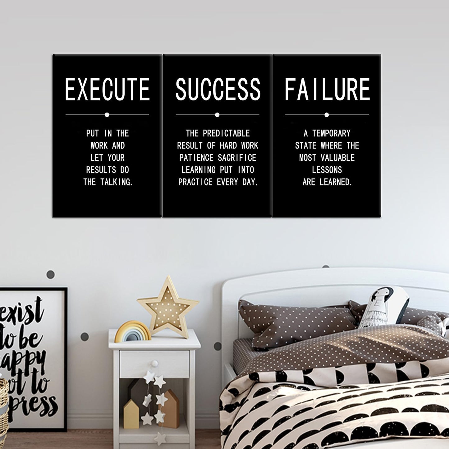 Inspirational Wall Art Success Quote Canvas Painting Positive Motivational Wall Art Execute Failure Definition 3 Pieces Black Poster Framed Artwork Prints Picture for Living Room Office [48''Wx 24''H]