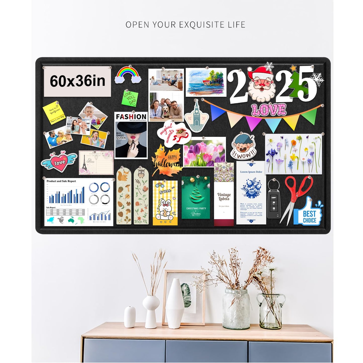 Large Bulletin Board, Foldable 60x36 Inches Cork Board Alternative, Large Felt Board Decorative Pin Board for Wall, Foldable Photo Board Self-Adhesive Vision Board with 36 Pushpins Black