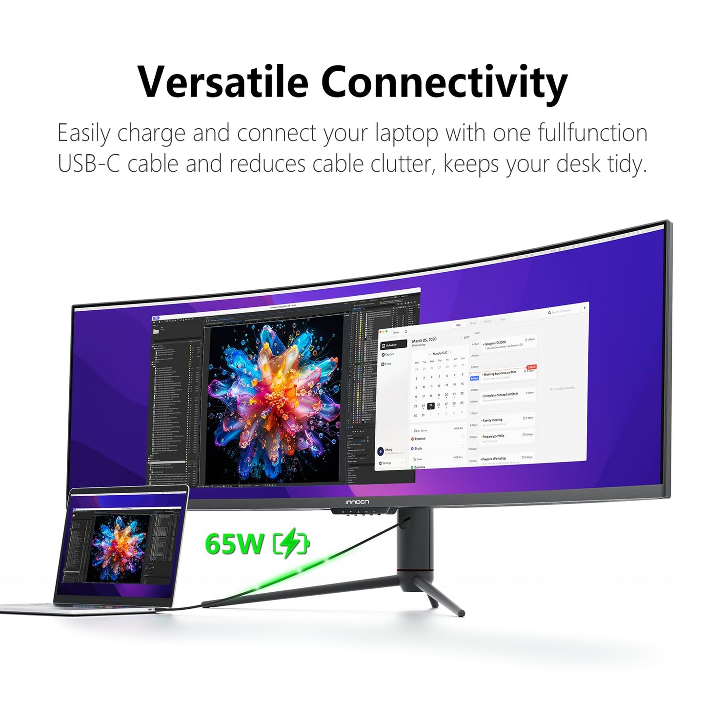 INNOCN 49" Curved Gaming Monitor 144Hz Ultrawide 32:9 WDFHD 3840 x 1080P, R1800, 99% sRGB, HDR400, USB Type C, DisplayPort, HDMI, Built-in Speakers, Height/Tilt Adjustable - 49C1G