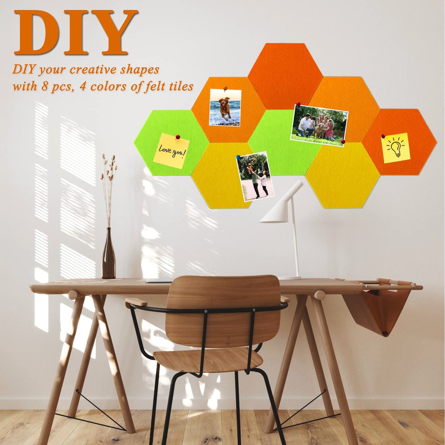 HULAVO 8Pcs Hexagon Felt Cork Board Tiles, Self Adhesive DIY Bulletin Board Pin Board for Office School Home Wall Decor Stickers Memos Photos Display (Gradual Orange)