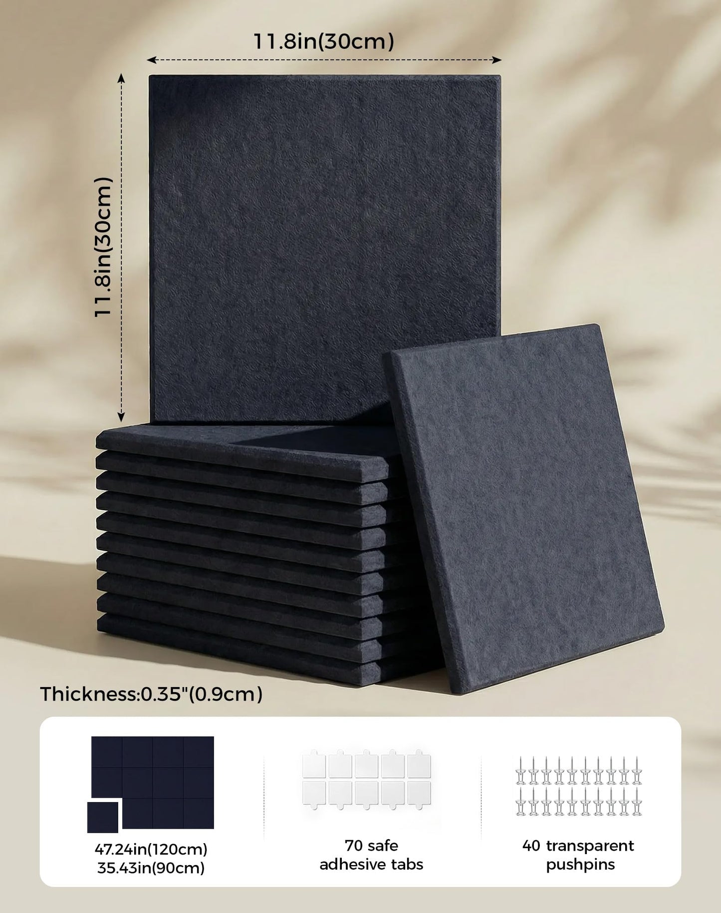 Aothia Felt Bulletin Board Tiles for Wall, 12 Pack Large 48" x 36", Felt Wall Tiles Cork Board Alternative, Adhesive Bulletin Board Tiles for Office, Classroom & Home, Navy Blue