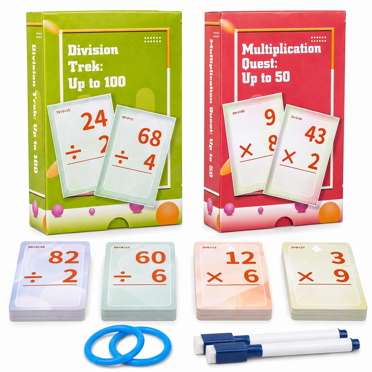 Multiplication and Division Flash Cards, Math Games Flash Cards for Kids 5-12, Easy-to-Read Classroom Manipulatives for 2nd 3rd 4th Grade, Multiplication 0-50 & Division 0-100 (2-Pack-112 Cards)