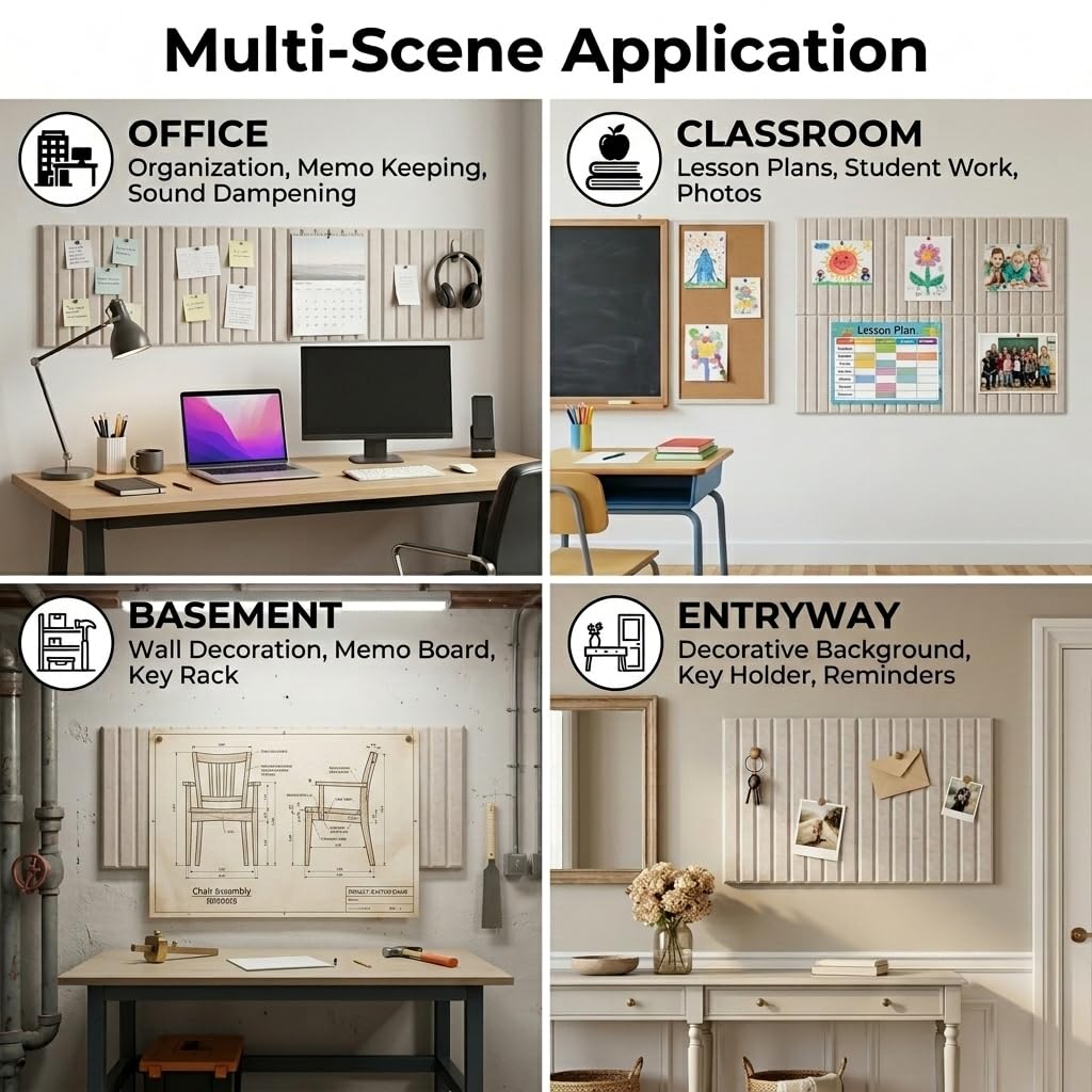 LOUKAII 0.47" Extra Thick Felt Bulletin Board, 6 Pack 36"x24" Large Pin Board with 50 Push Pins & 30 Removable Adhesive Tabs, No-Warp Wall-Friendly Display for Home Office Classroom, Oatmeal