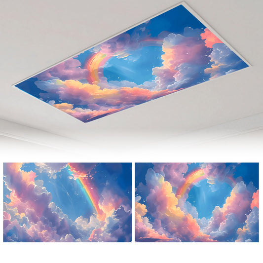 Zepluron 2-pack fluorescent lampshades for ceiling lights – 2x4 ft classroom filters, teacher essentials, and office/home décor – Fire-retardant magnetic lampshades (Rainbow cloud)