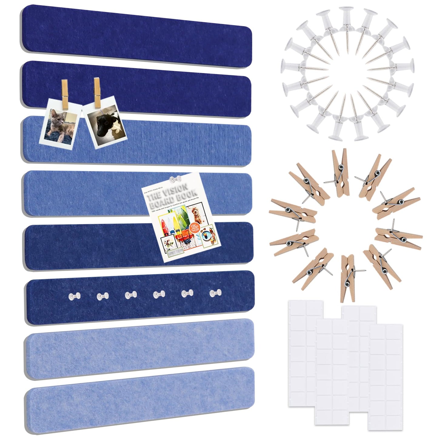 Vuzvuv 8 pcs Bulletin Board Bar Strips No Adhesive Backing with Glue Points ，Self Adhesive Cork Board for Wall，Felt Pin Board for School，Office Decor(Mix-Blue)