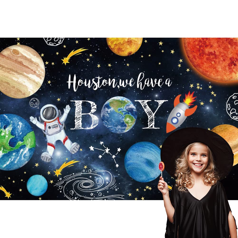 ZJRBJB 10x8ft Houston We Have a Boy Decorations Backdrop Baby Shower Party Outer Space Rocket Astronaut Planets Star Solar System Background Birthday Party Banner Polyester Fabric
