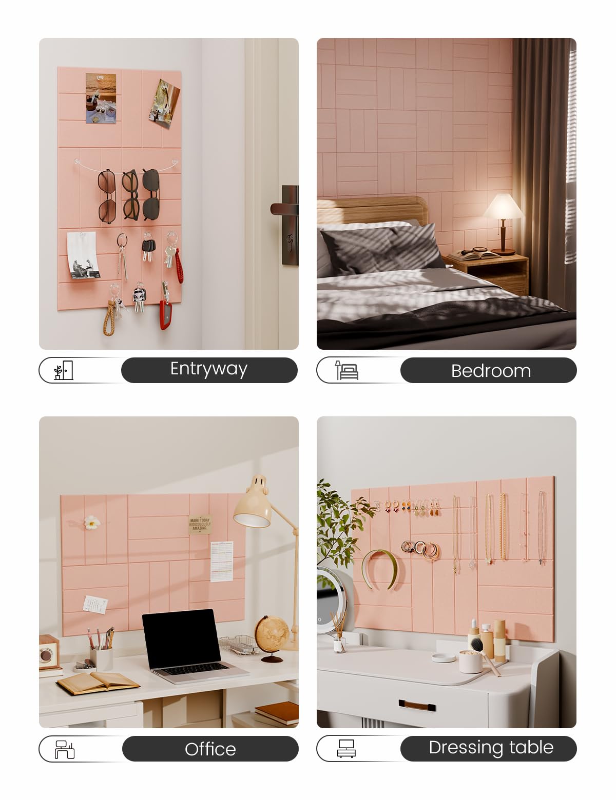 Felt Bulletin Board Tiles -28"x18" with 40 Adhesive Tabs, Cork Board Alternative for Office Decor, Push Pin Board Wall Organizer 6-Pack(Pink)
