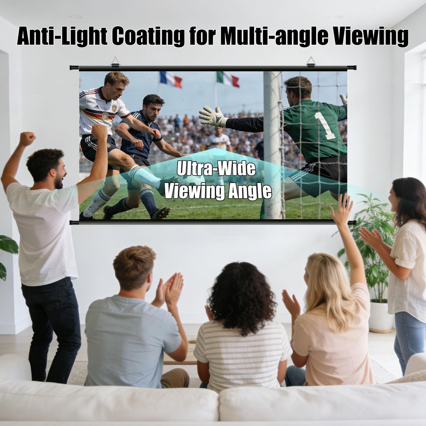 110 inch Projector Screen, XIAOHUI Portable Movie Projector Screen for Outdoor Indoor with 3 pcs Adhesive Hook, 4K Hanging Projection Screen for World Cup Room Wall, Anti-Glare, 16:9 HD