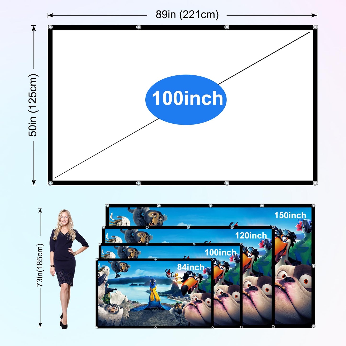 Projector Screen 100 inch,Portable Movie Projector Screen 16:9 HD Indoor Outdoor Double Sided Rear Projection Screen Video for Home, Party, Office, Classroom