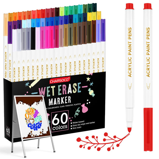 CHARSOCO Wet Erase Markers, 60 Colors Whiteboard Markers, Low Odor White Board Wet Erase Pens with 1-2mm Fine Tip, Perfect for Writing on Whiteboards, Glass, Mirror, Home, Office and School Supplies