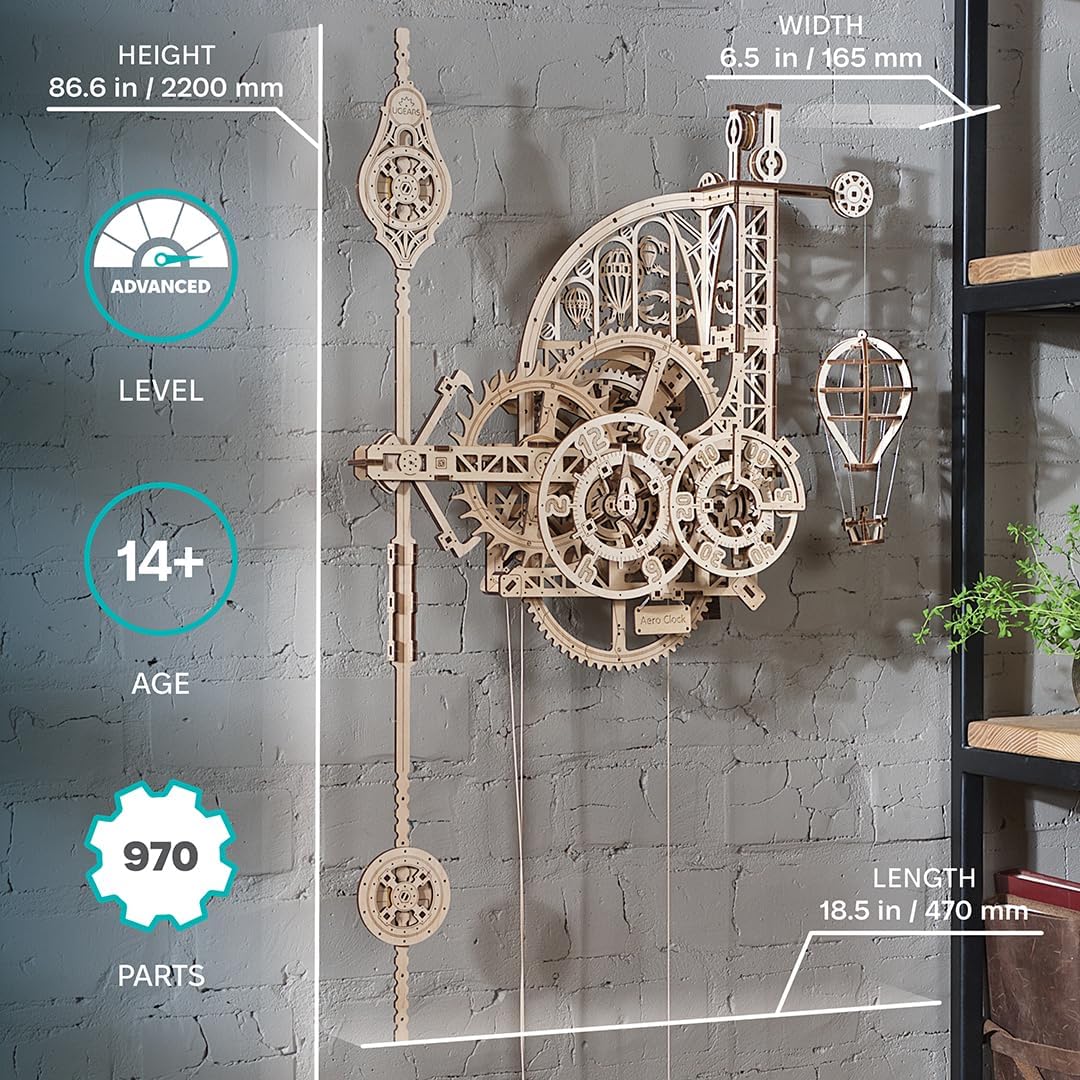 UGEARS Aero Clock Wooden 3D Puzzles for Adults - Mechanical Wooden Model Kits for Adults to Build, Wall Clock 3D Puzzle with Pendulum Model Kit, DIY Miniature Kit Crafts Gift for Fathers Day